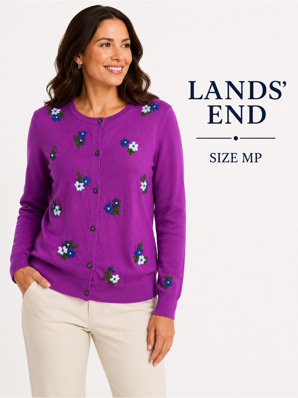 Lands’ End Floral Embroidered Cardigan grandmacore Sweater Purple /size MP